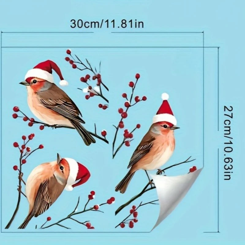 1PC Three Birds in Santa Hats Window Stickers Christmas Theme Red Berry Branches Decorative Wall Stickers for Glass and Window Peaceful Pleasures Health and Wellness UVN931