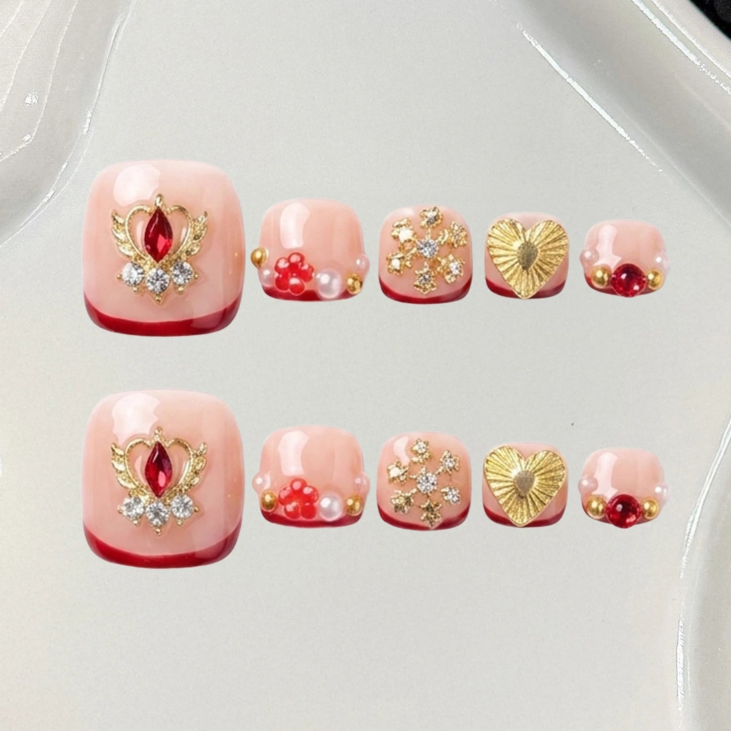 Luxury Handmade Press On Toe Nails Wine Red French Fake Nails Diamond Glitter Gold Decor Wearable Fashion Nude Pink False Nails Peaceful Pleasures Health and Wellness