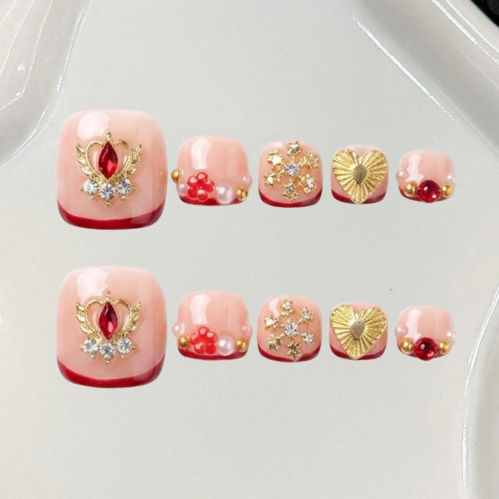 Luxury Handmade Press On Toe Nails Wine Red French Fake Nails Diamond Glitter Gold Decor Wearable Fashion Nude Pink False Nails Peaceful Pleasures Health and Wellness