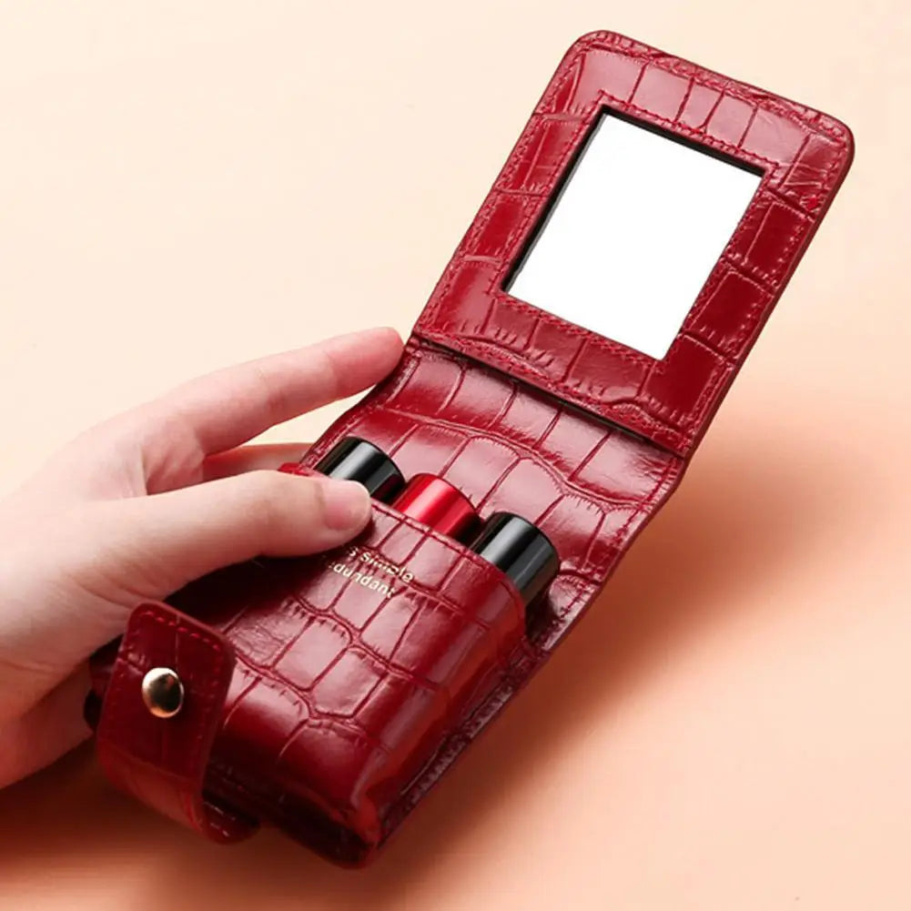 PU Lipstick Case Holder with Mirror Lipstick Holder Makeup Travel Cases Organizer Bag Mini Handheld Lipstick Pouch for Women Peaceful Pleasures Health and Wellness