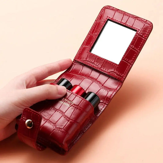 PU Lipstick Case Holder with Mirror Lipstick Holder Makeup Travel Cases Organizer Bag Mini Handheld Lipstick Pouch for Women Peaceful Pleasures Health and Wellness