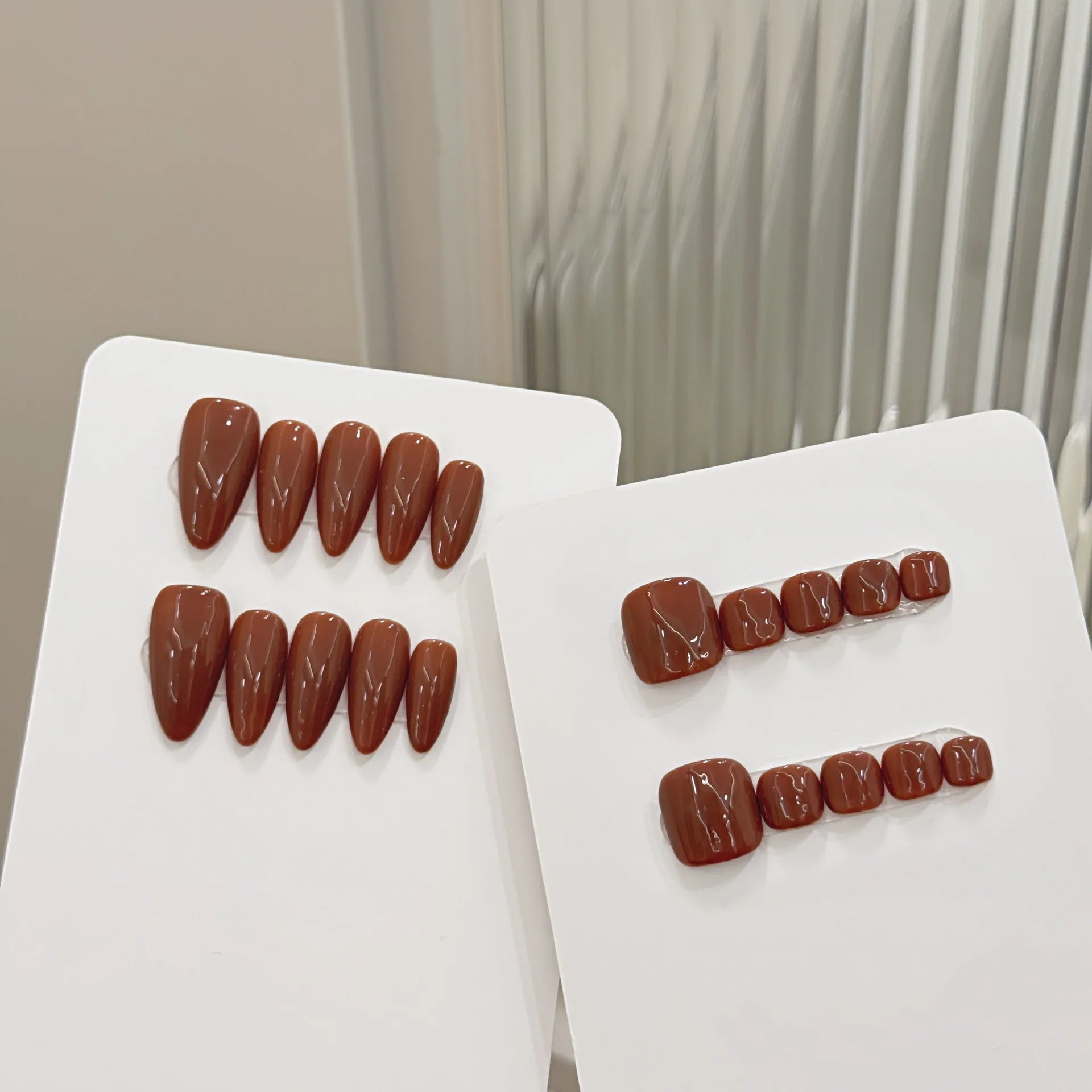 10pcs Handmade Press on Nails Simple Solid Color Almond Fake Nails Full Cover Wearable Lady Summer Brown False Toenails Set Peaceful Pleasures Health and Wellness