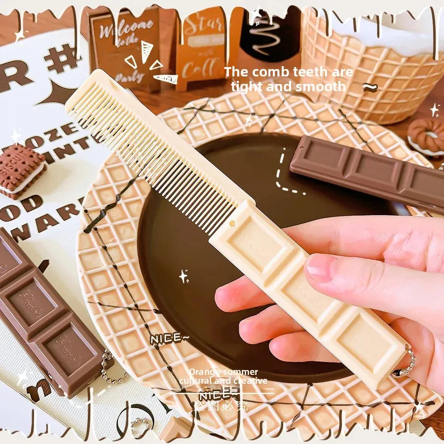 Chocolate Folding Mirror Comb High Appearance Level Cute and Girlish Small Folding Mirror Comb for Girl Portable Integrated Comb Peaceful Pleasures Health and Wellness