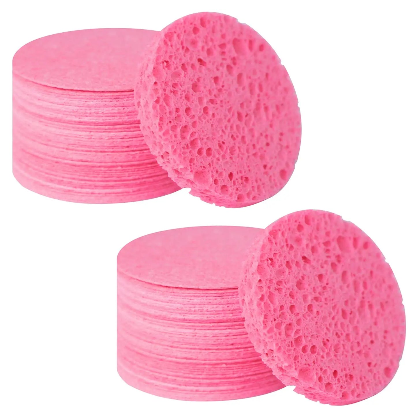 Compressed, 100% Natural Cellulose Face Sponges. Multi-use for cleansing, exfoliating & makeup removal. Expands with water. Peaceful Pleasures Health and Wellness pink-50pcs-01