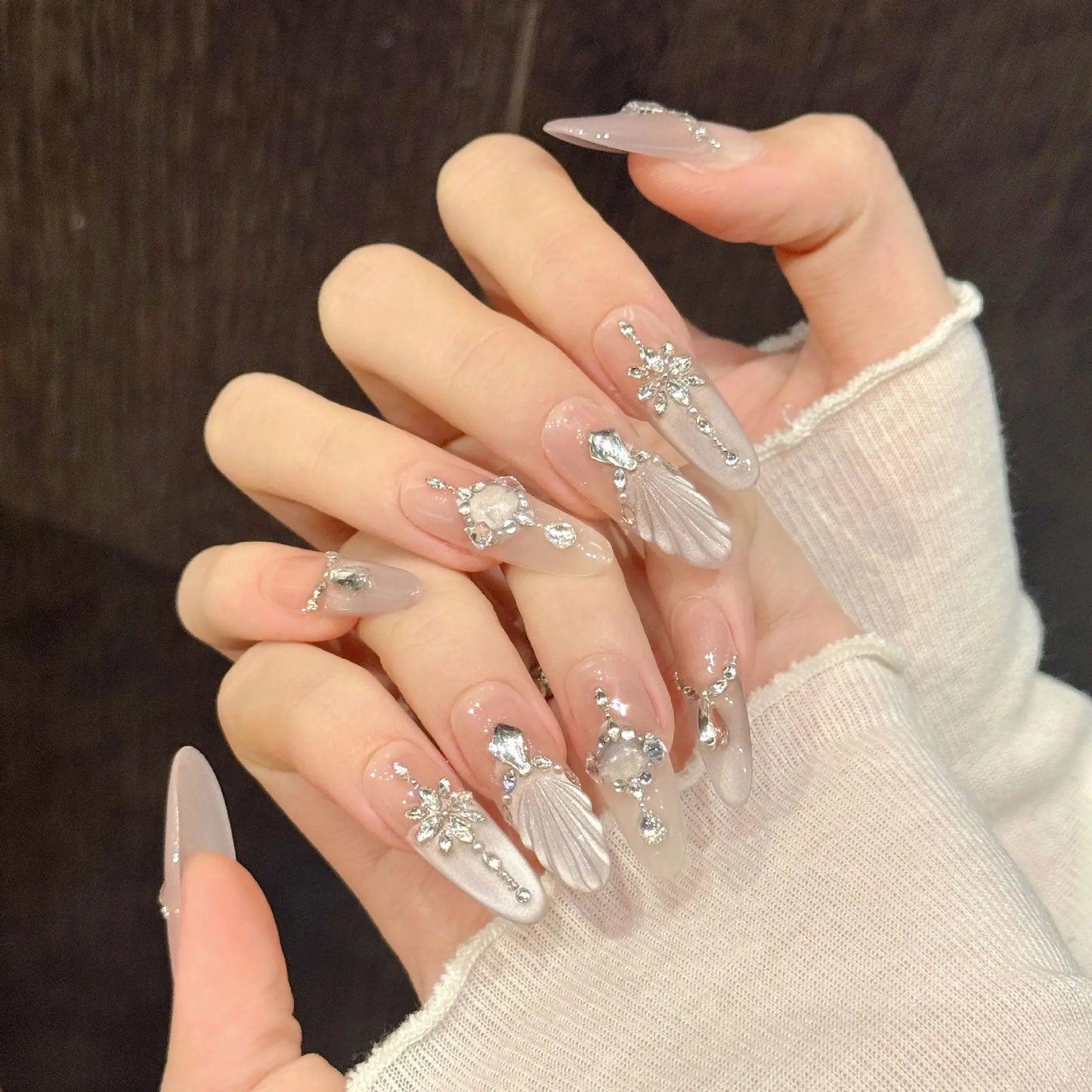 Crystal Fishtail Press On Nails – Cat's Eye French Long Fake Nails