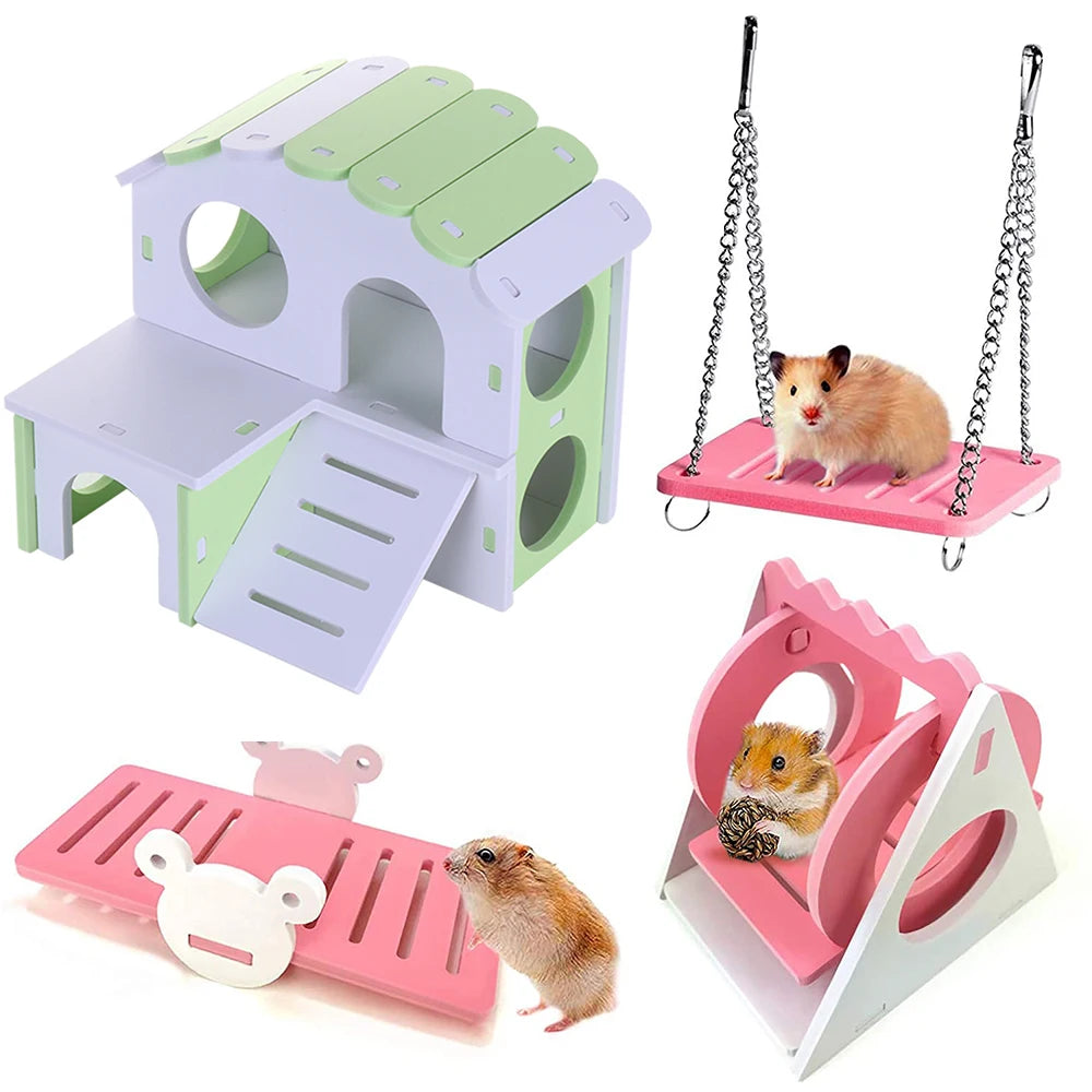 Wooden Hamster Toy Set – Seesaw, Swing & Playhouse