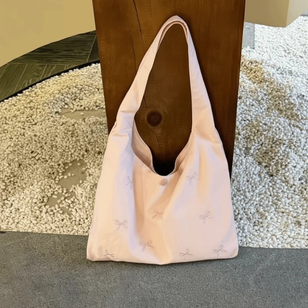 Bowknot Embroidered Canvas Tote Bag | Large Shoulder Handbag Canvas Tote Bag Peaceful Pleasures Health and Wellness Pink