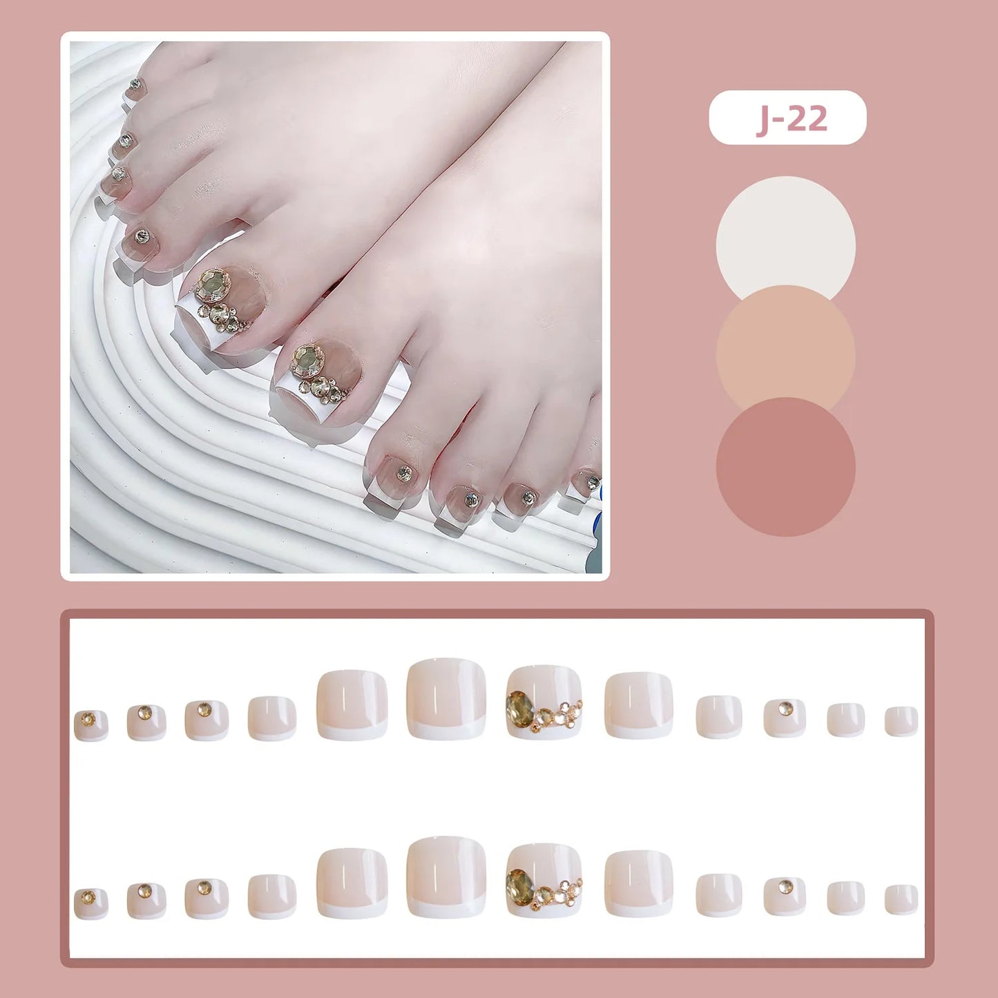 24-Pc Rhinestone Press-On Toenails | French Fake Toe Nails
