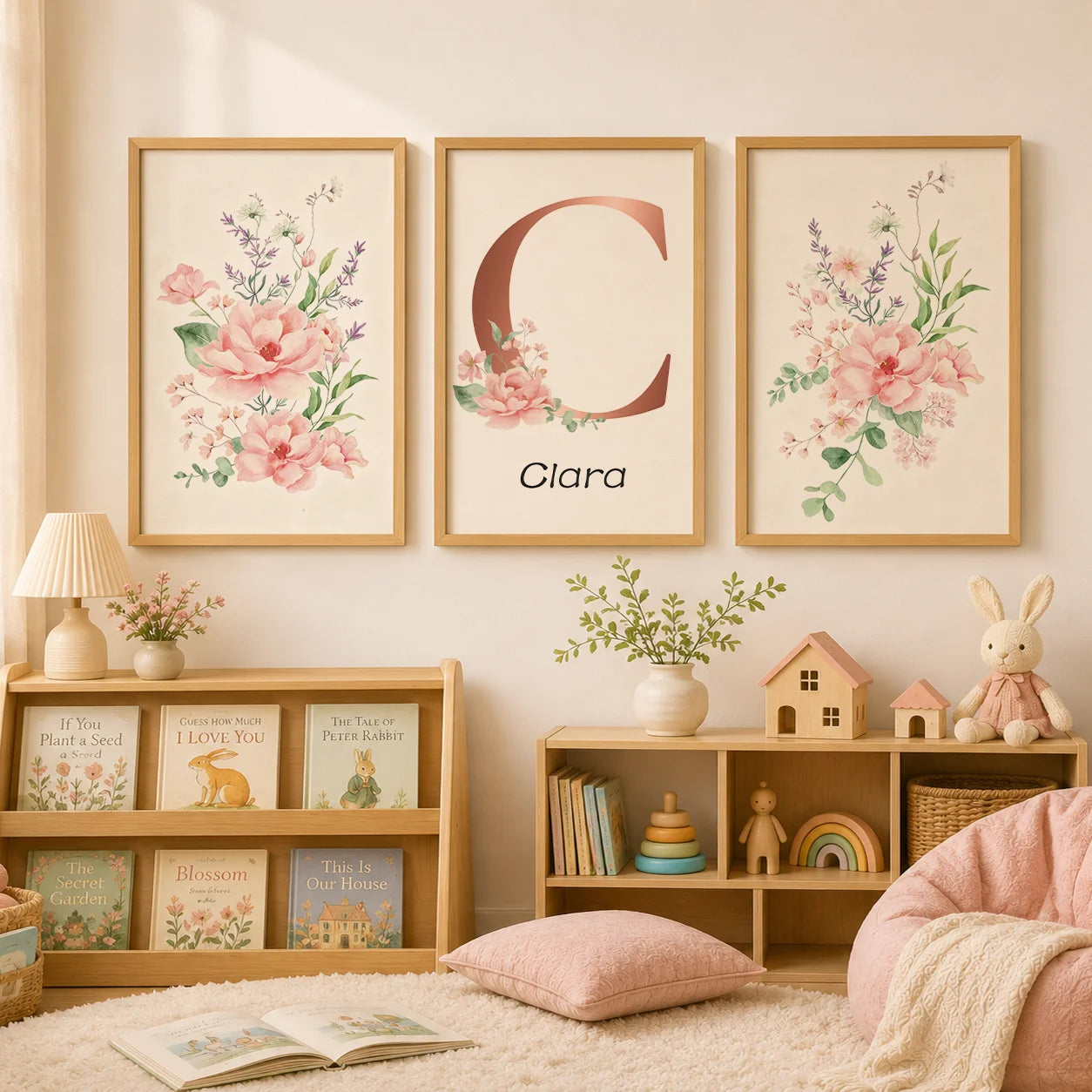 Custom Name Nursery Wall Art,pink Aesthetic wildflowers Canvas Painting, Nordic Poster Print for Baby, Toddler Kids Room Decor Peaceful Pleasures Health and Wellness