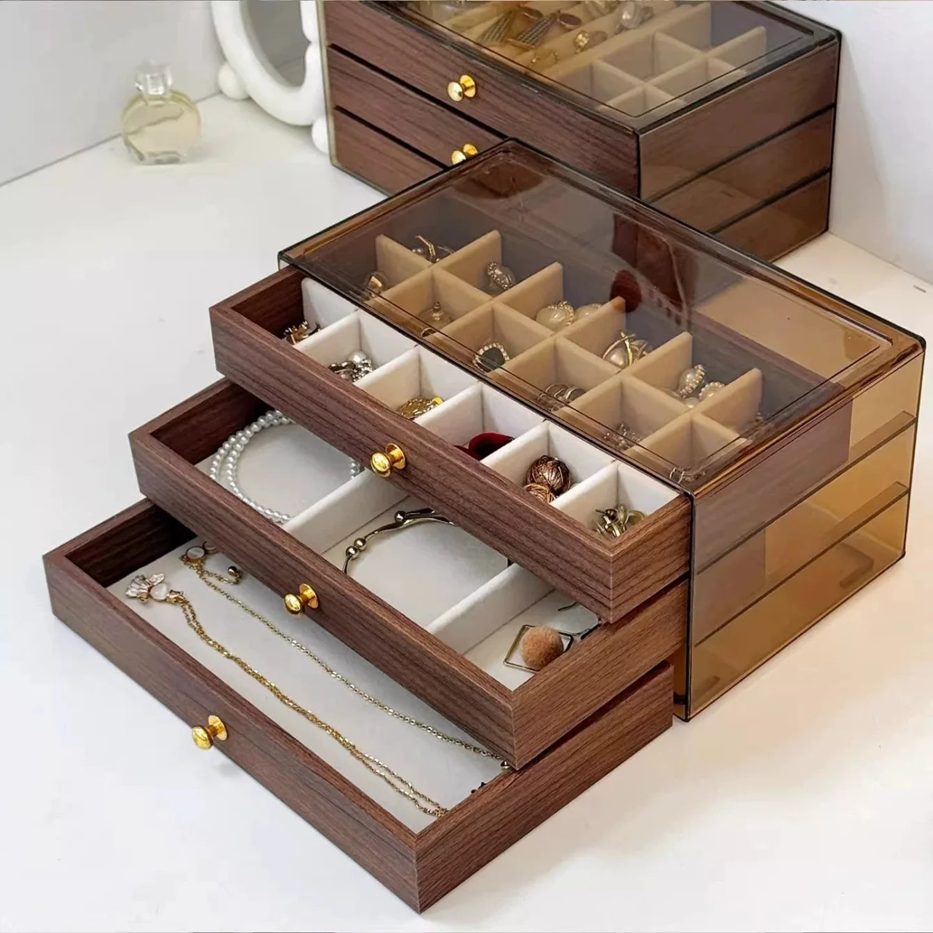 3-Layer Jewelry Box Organizer | Glass Window & Olive Green Leather
