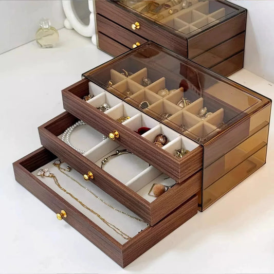 3-Layer Jewelry Box Organizer | Glass Window & Olive Green Leather Jewelry Storage Box Peaceful Pleasures Health and Wellness