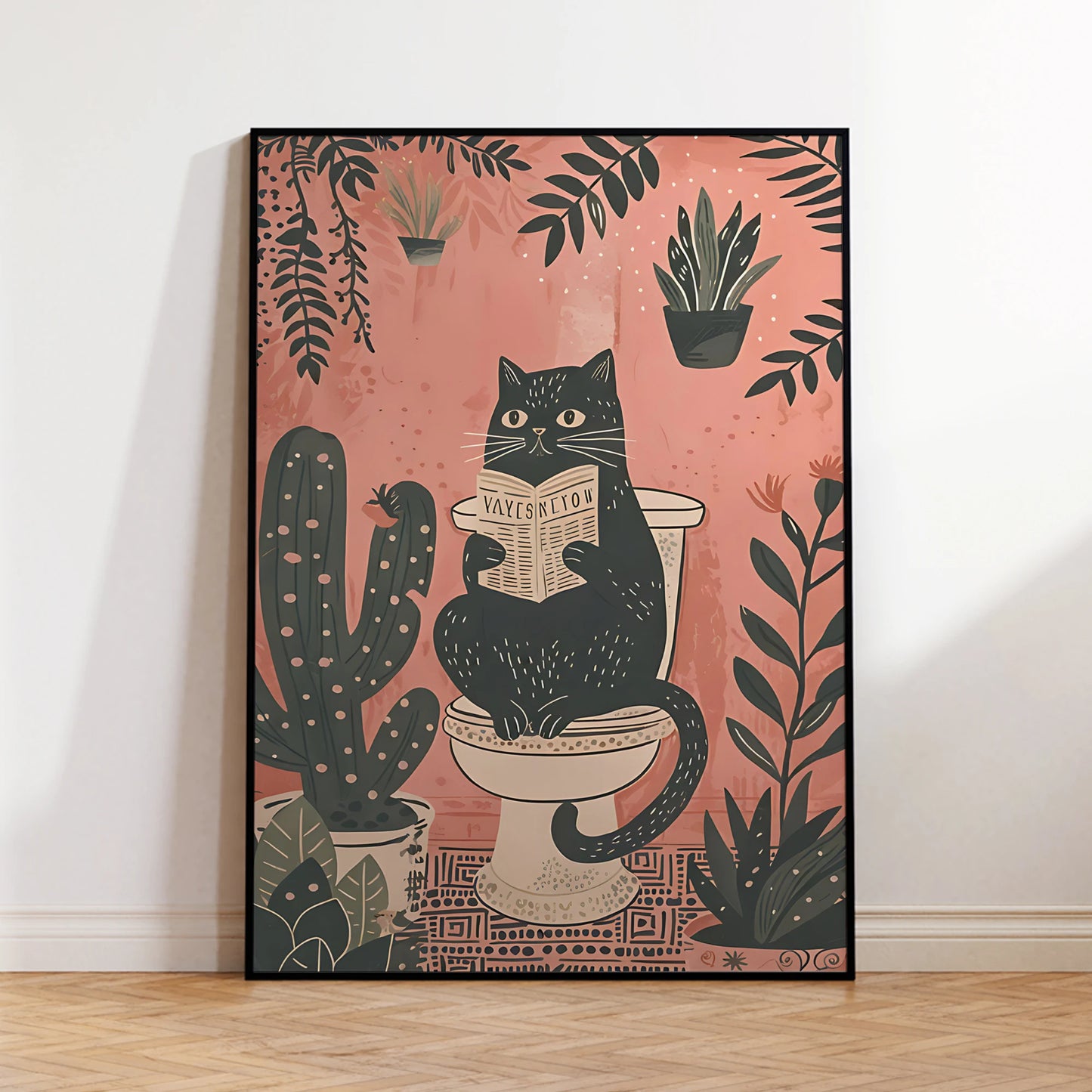 Black Cat Reading Newspaper Canvas Poster | Fun Wall Art