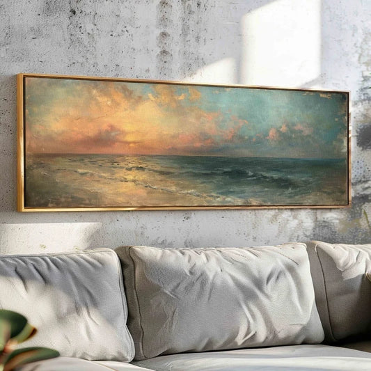 Moody Seascape Wall Canvas Art Unframed, Wide Vintage Horizontal Painting Print, Large Wall Art, Above Sofa/Bed Boho Wall Decor Peaceful Pleasures Health and Wellness ZLH4199 90x270cm No Frame