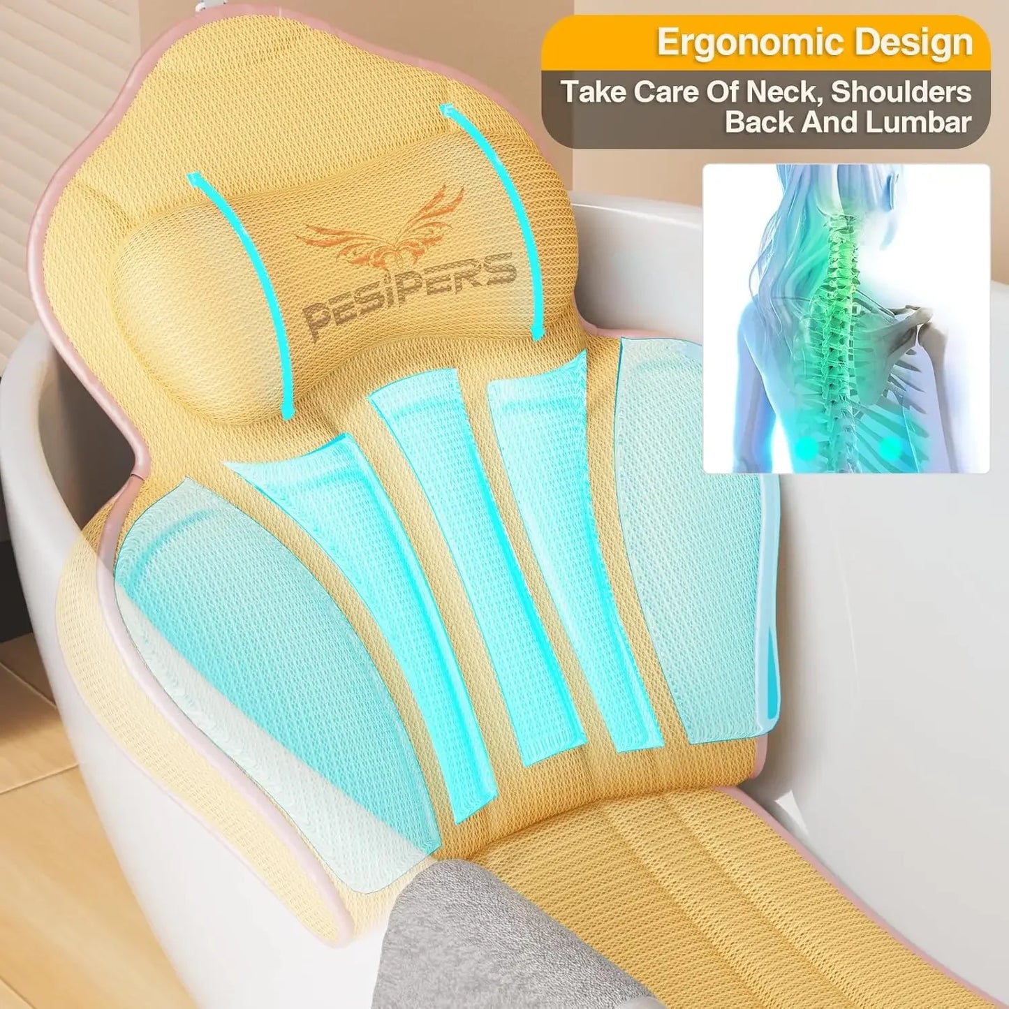 Full Body Bathtub Pillow – 13 Suction Cups, 3.9" Thick Air Mesh Peaceful Pleasures Health and Wellness