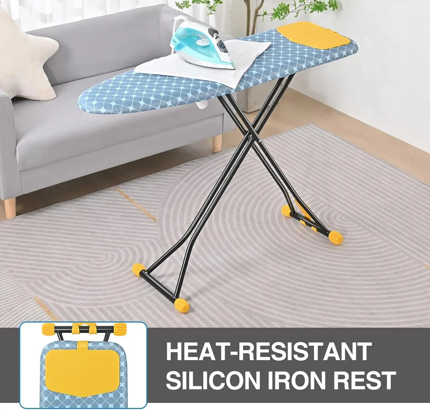Compact Adjustable Ironing Board with Extra Thick Cover, Wall Mount & Space Saver Design in Yellow Peaceful Pleasures Health and Wellness