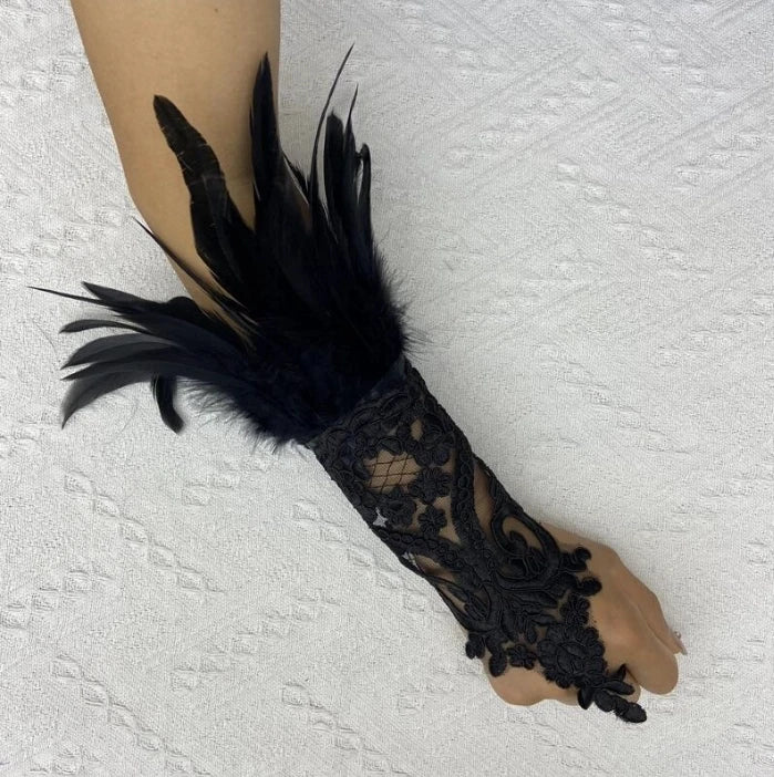 Punk Gothic Gloves Feather Wrist Cuff Carnival Stage Show Showgirl
