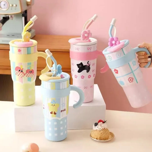 Tumbler with Handle Lid Straw Cute Cat Thermos Cup Stainless Steel Water Bottle Outdoor Travel Coffee Mug Gift Large Capacity Peaceful Pleasures Health and Wellness