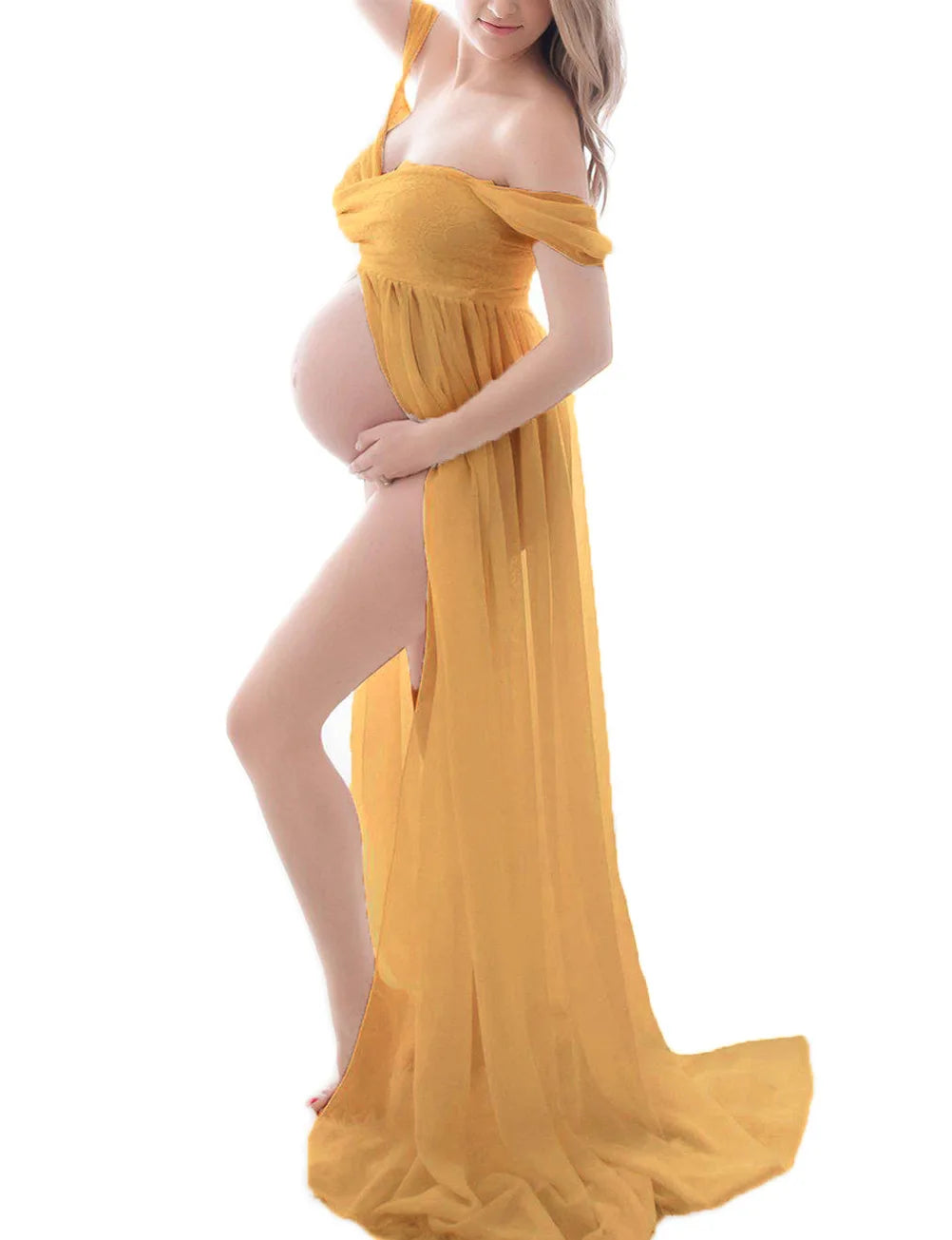Deep V-Neck Lace Feather Maternity Gown | Photo Shoot Dress