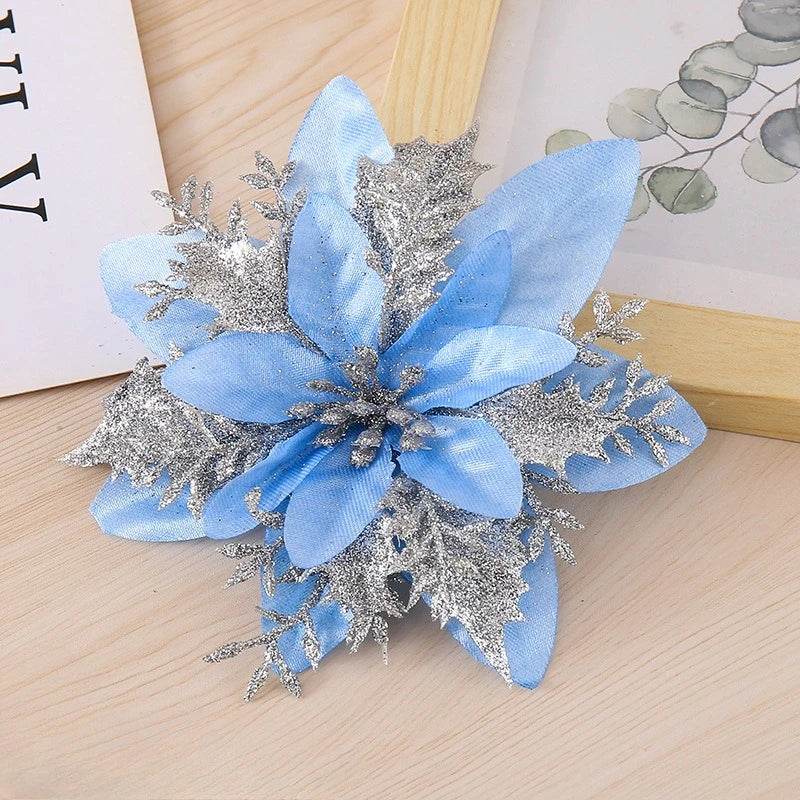 Glitter Artificial Christmas Flowers with Clips – Xmas Tree Decor