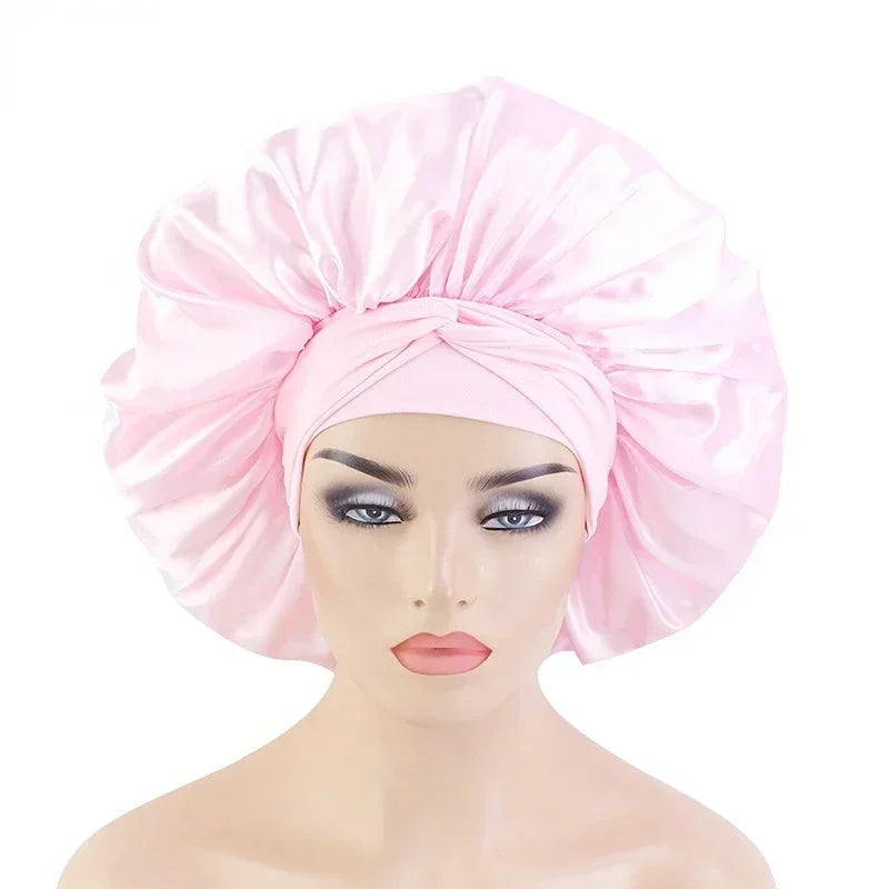 Silk Night Sleeping Cap, Large Satin Bonnet, Bonnet Edge Wrap For Women Curly Braid Hair With Head Tie Band Peaceful Pleasures Health and Wellness Pink