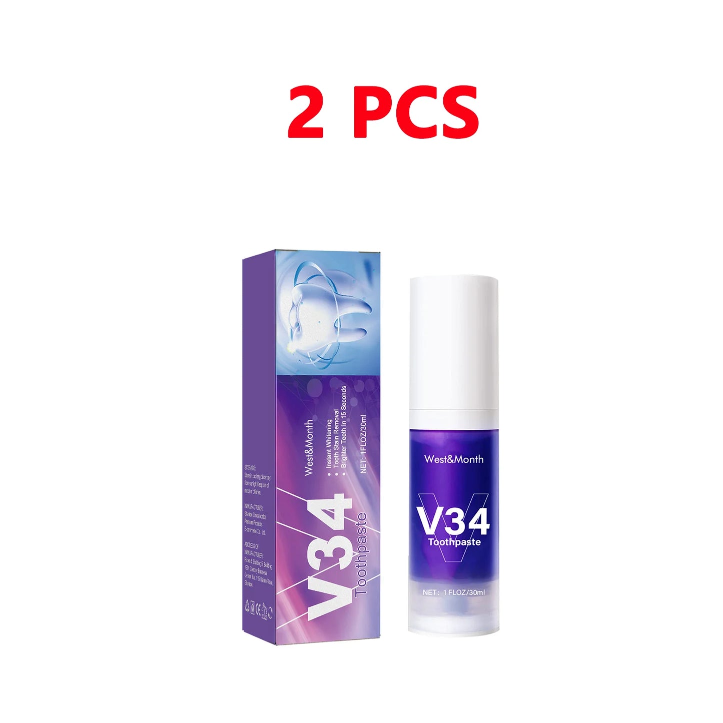 V34 Teeth Whitening Toothpaste 30ml – Stain & Plaque Remover Whitening Toothpaste Peaceful Pleasures Health and Wellness 2pcs