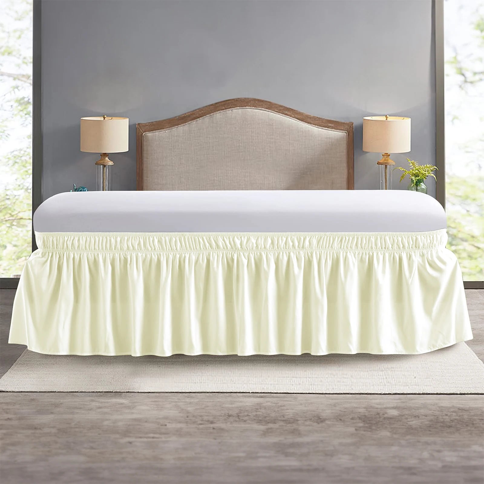 Elastic Ruffle Bed Skirt Solid Color Wrap Around Style Comfortable Fade Resistant Bed Cover Without Surface Twin Queen King Size Peaceful Pleasures Health and Wellness Ivory white King 198x203cmx38cm