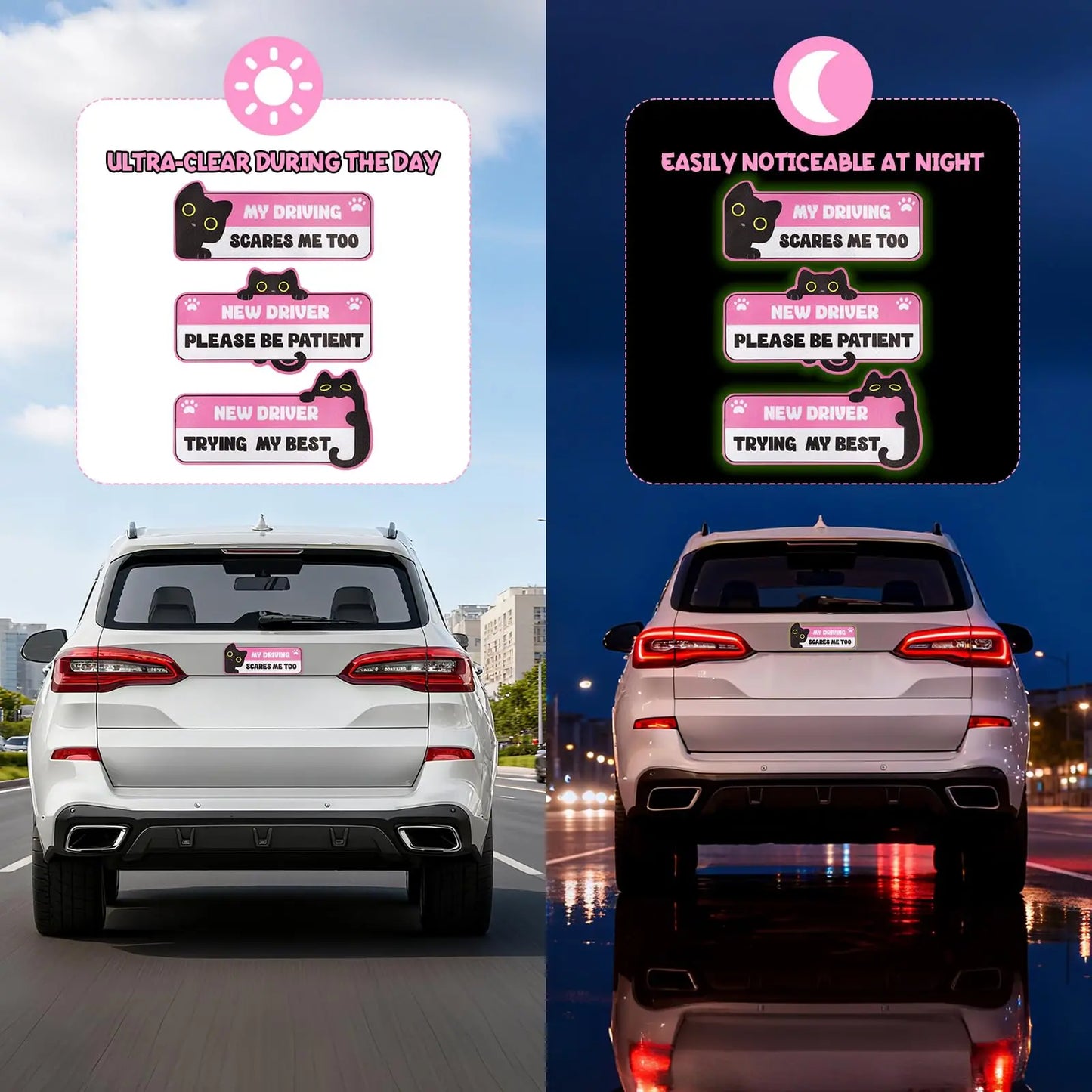3-Pack Funny Cat New Driver Reflective Magnetic Car Signs