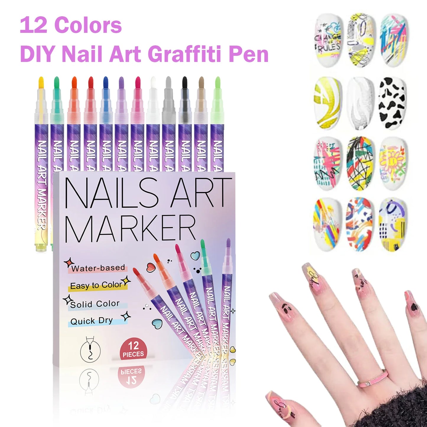12-Color Nail Art Pens – 3D Doodle, Dotting & Liner Set