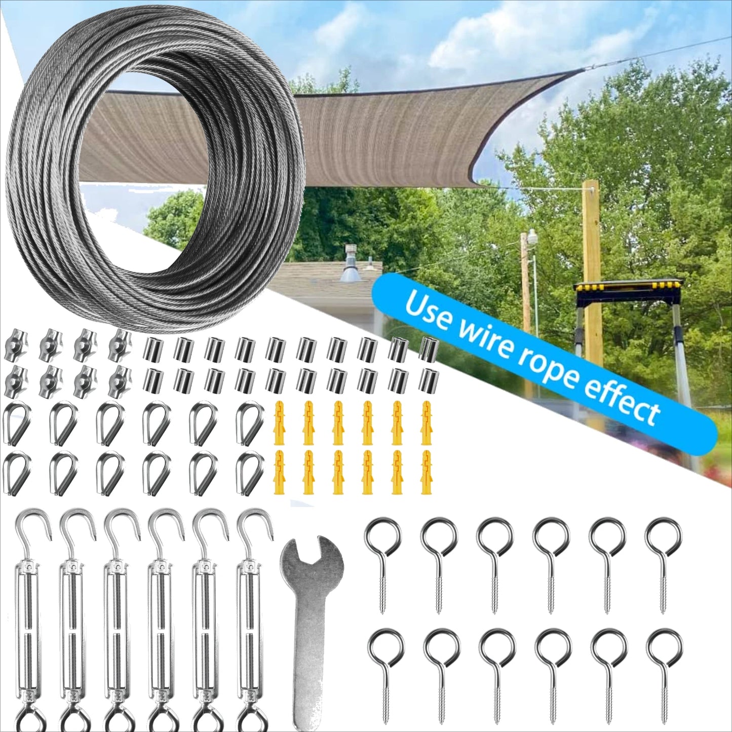 Sun Shade Sail Hardware Kit – 35M Stainless Steel Cable Wire Rope