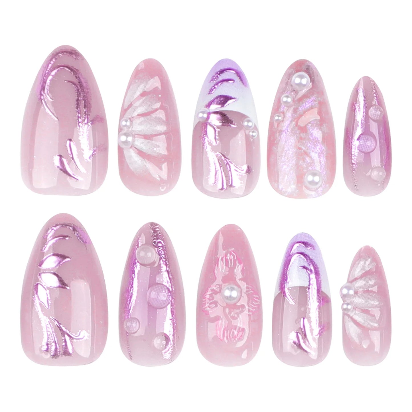 24pcs 3D Flower Press On Nails | Purple Aurora Almond Shape