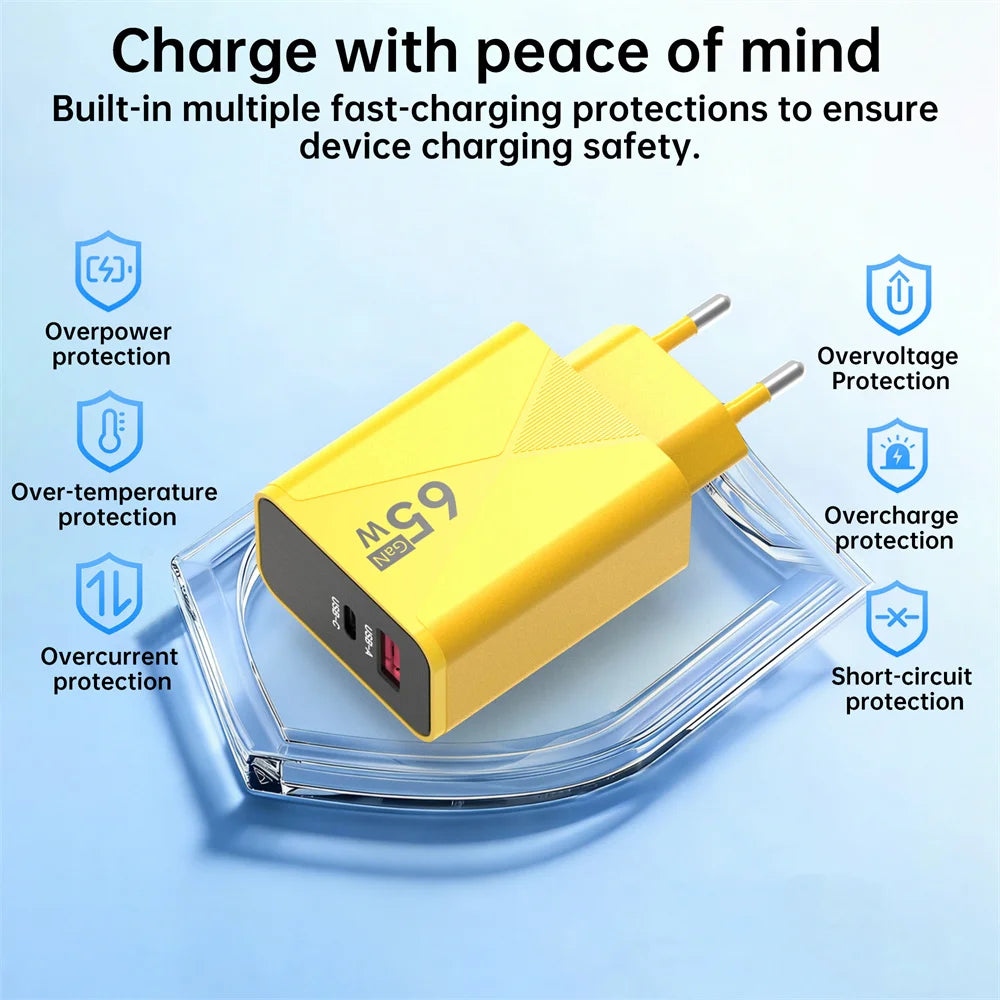 GaN 65W USB-C Fast Charger PD QC 3.0 | iPhone & Samsung