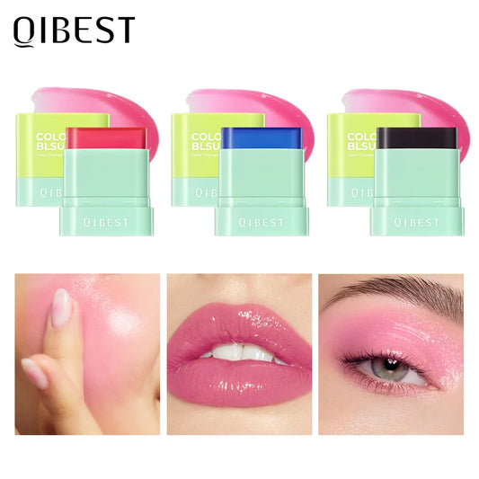 QIBEST 3-in-1 Jelly Blush Stick – Lips, Cheeks & Eyes | 3 Colors Multi-Use Blush Stick Oasis Select