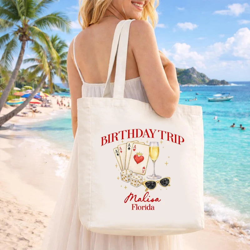 Personalized Birthday Trip Canvas Tote Bag | Beach Vacation Gift Personalized Canvas Tote Peaceful Pleasures Health and Wellness