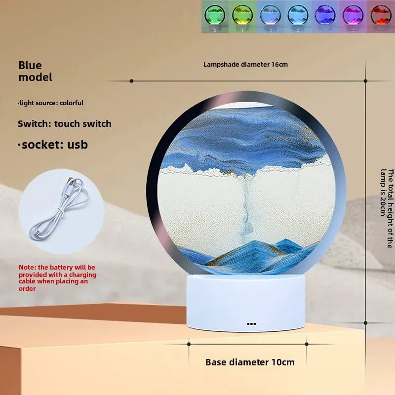 Hot 3D Stereoscopic Glass Sand Painting Bedside Lamp Decompression Liquid Office Home Decoration Gift Small Night Light Peaceful Pleasures Health and Wellness Blue