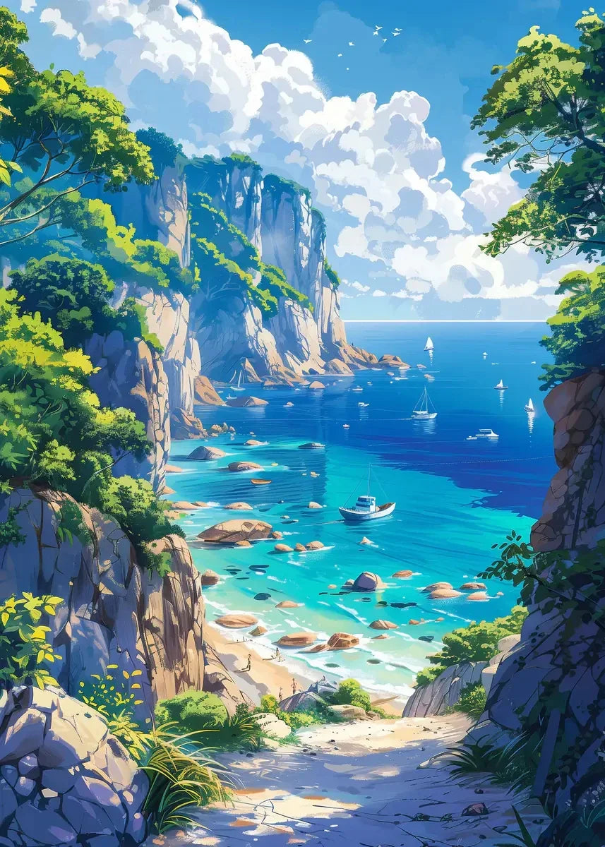 Seaside Town Landscape Canvas Wall Art | Coastal Poster Print
