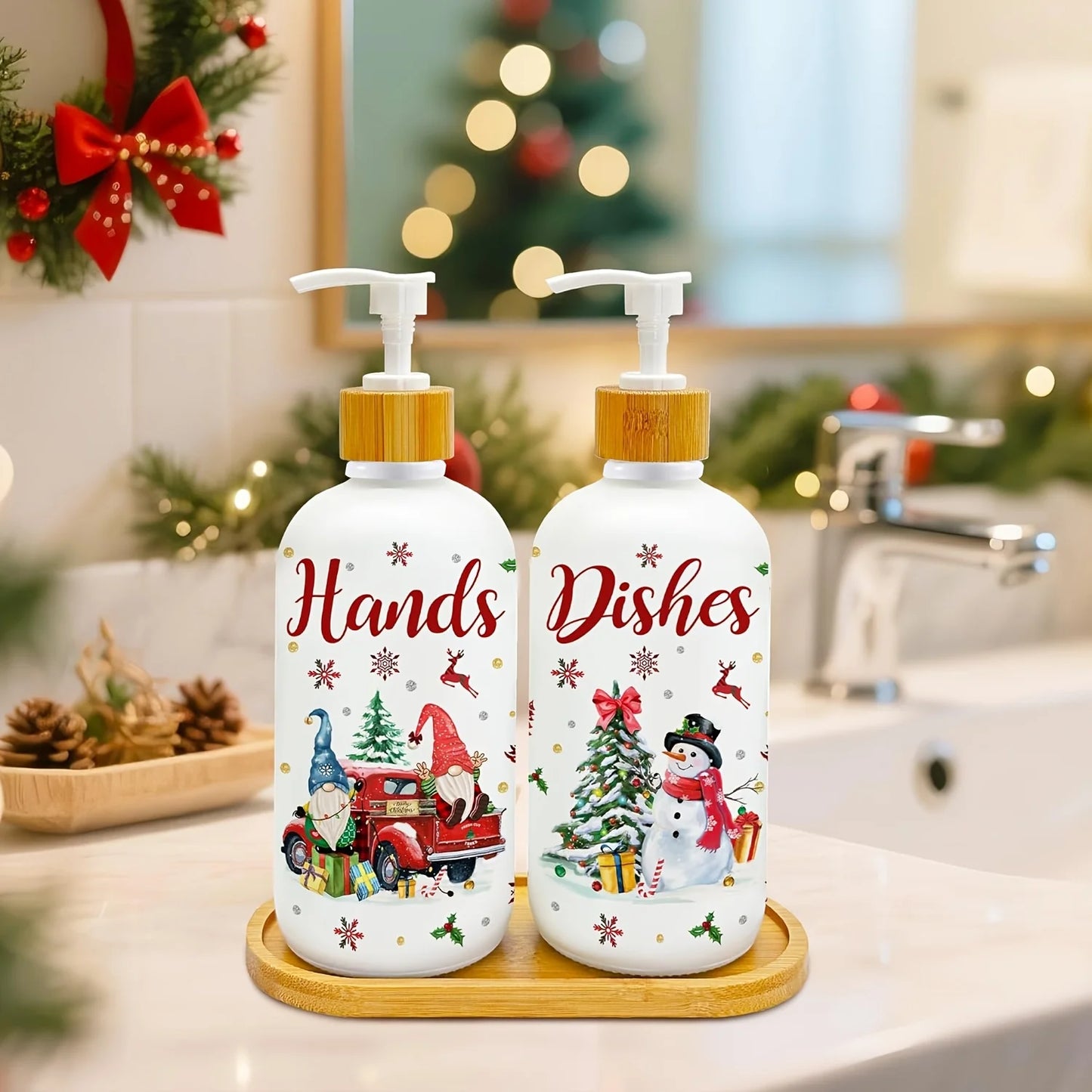 Christmas Gnome Soap Dispenser Set of 2 with Tray – Festive Xmas Kitchen & Bathroom Holiday Decor