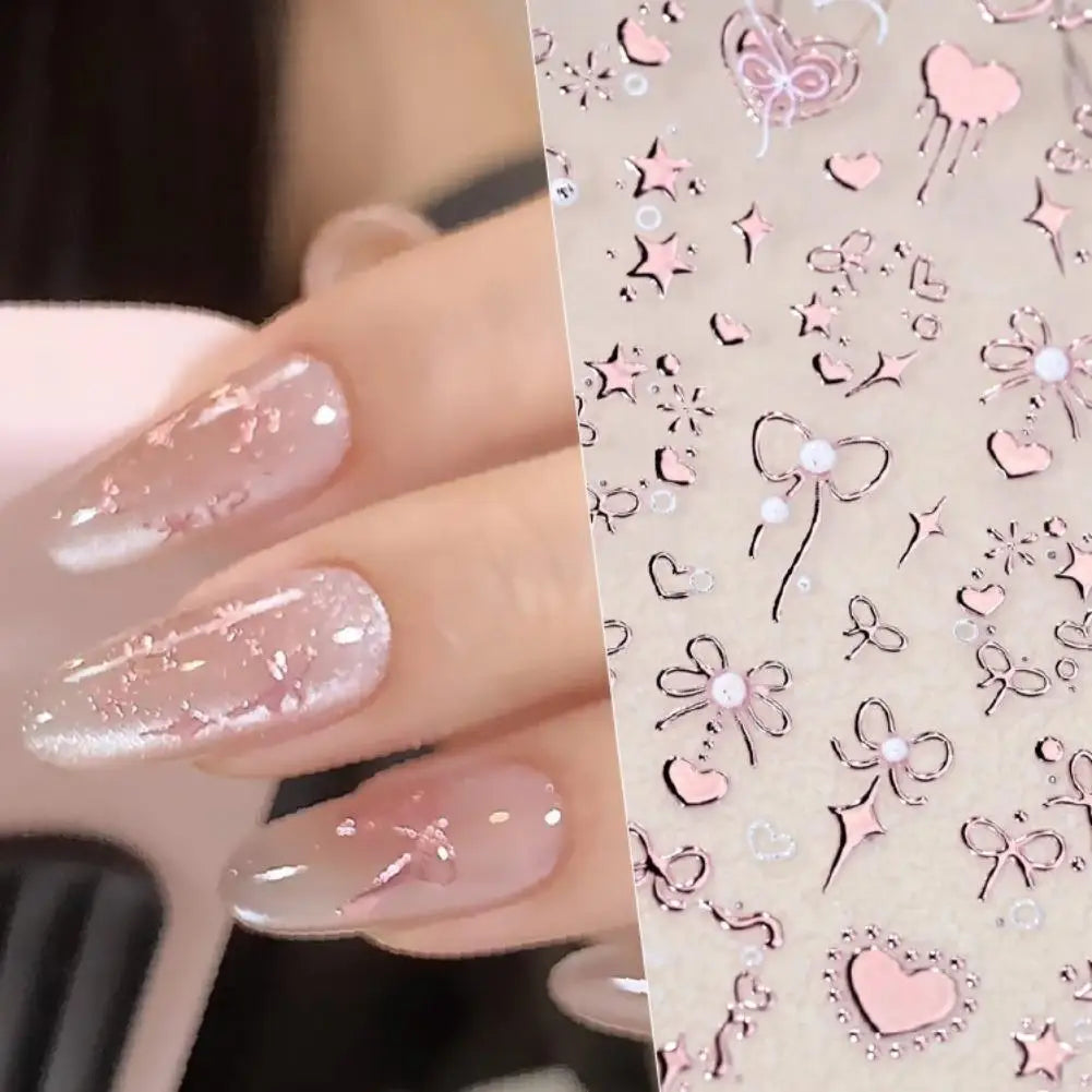 Heart Bow Nail Stickers – Gold Foil Rose Embossed DIY Nail Art