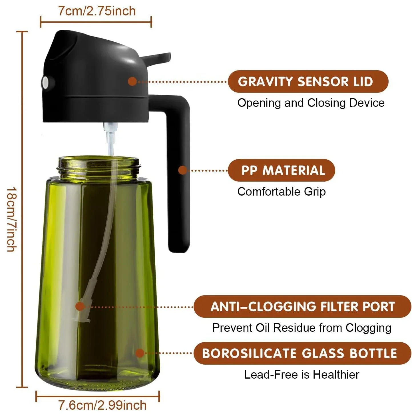 2 in 1 470ML/16oz Light-Blocking Dark Oil Sprayer for Cooking Olive Oil Dispenser Bottle for Kitchen Dark Green Glass Oil Bottle Peaceful Pleasures Health and Wellness