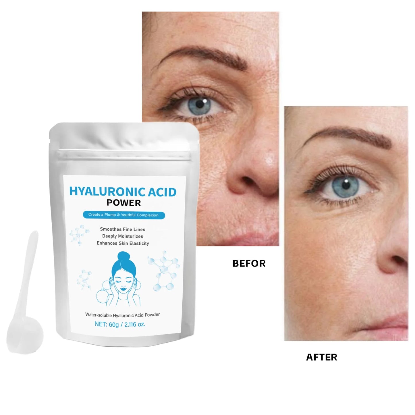 60g Hyaluronic Acid Powder + Spoon Hydrating Smoothing Brighten Nourish Hyaluronic Acid ingredient for DIY Serums,Skin Care Peaceful Pleasures Health and Wellness