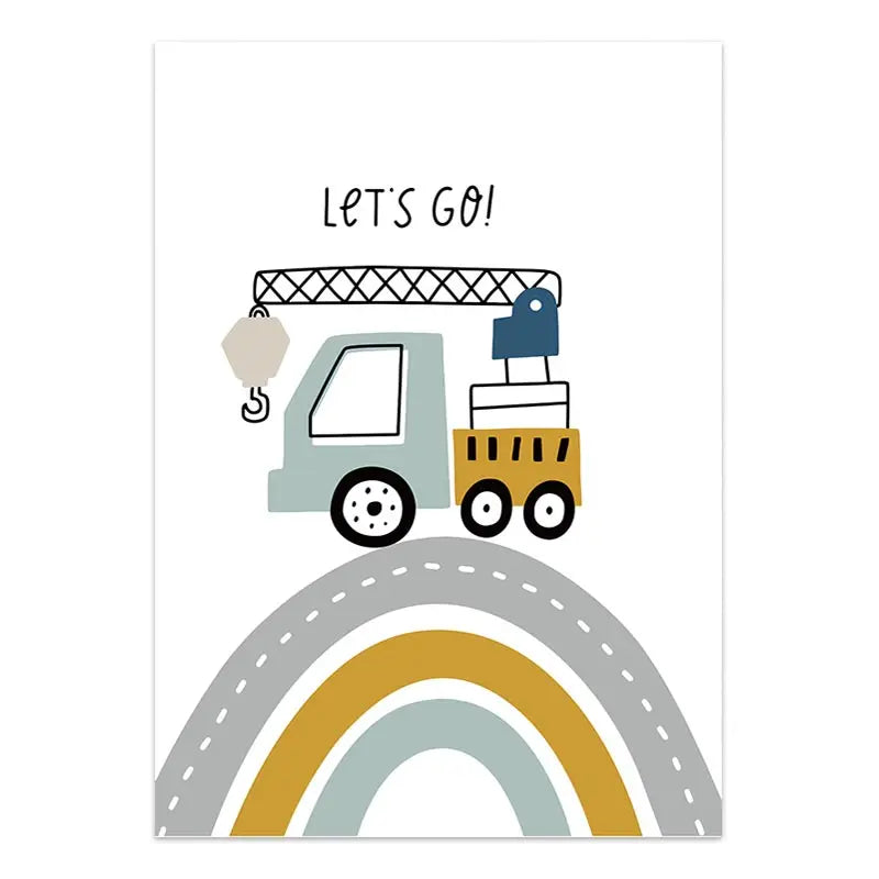 Cartoon Construction Vehicles Canvas Wall Art | Boys Nursery