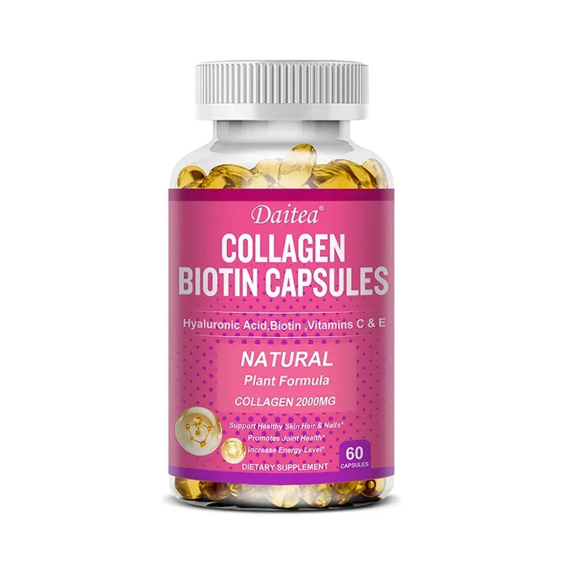 Collagen Biotin Supplement - Hyaluronic Acid Biotin Vitamin C E - Hair Skin Nails Joint Support and Energy Boost Vegan Capsules Peaceful Pleasures Health and Wellness 60 count-1bottle