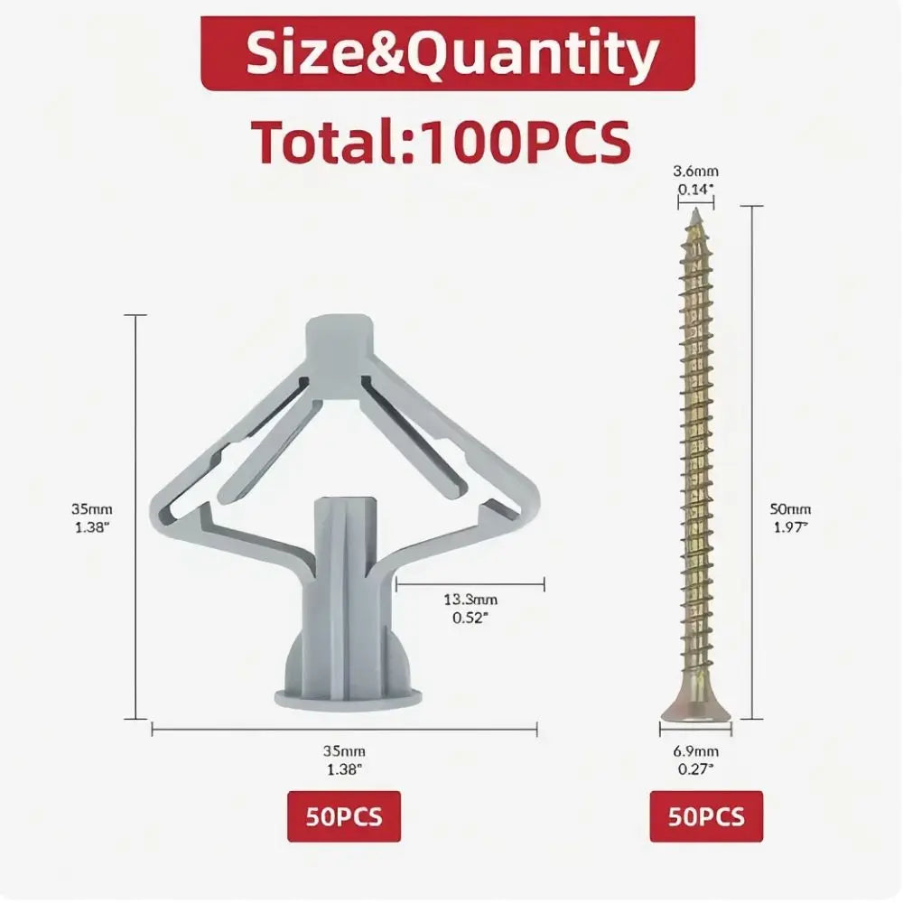 100pcs Drywall Anchor Kit Hollow Wall Anchors Plasterboard Plugs Screws Butterfly Expansion Tube Pipe 50 Set Peaceful Pleasures Health and Wellness