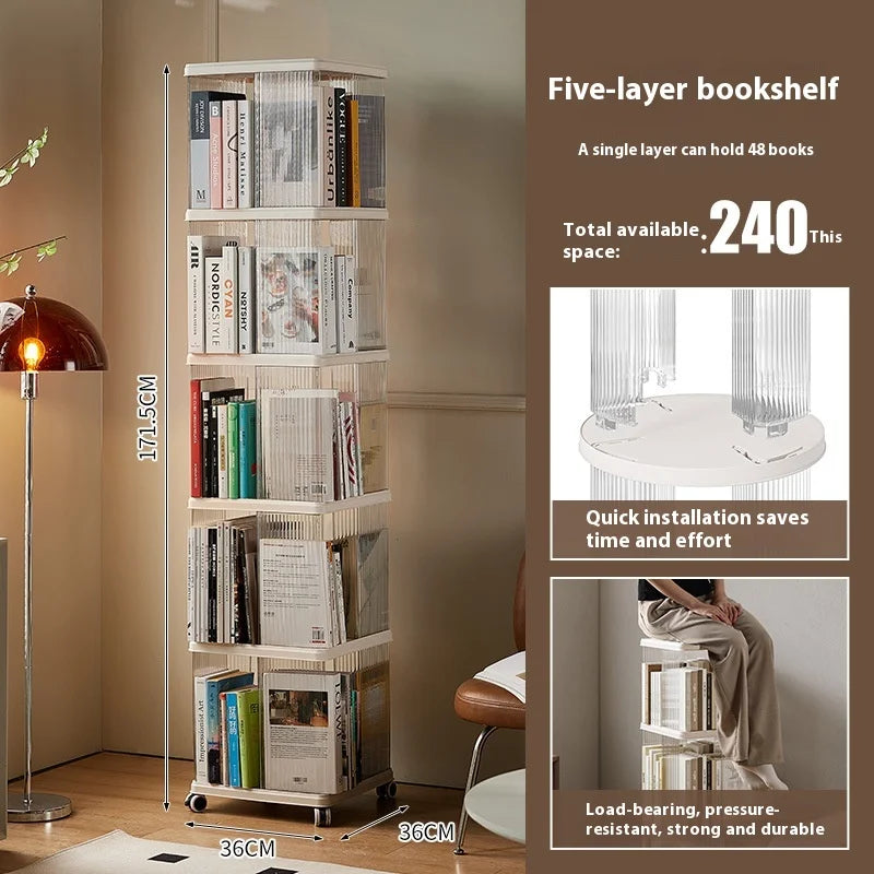 360° Rotating Bookshelf for Kids - Spacious Floor Standing Bookcase with Multi-Layer Storage for Living Room & Nursery Peaceful Pleasures Health and Wellness Square Caster 5Layer