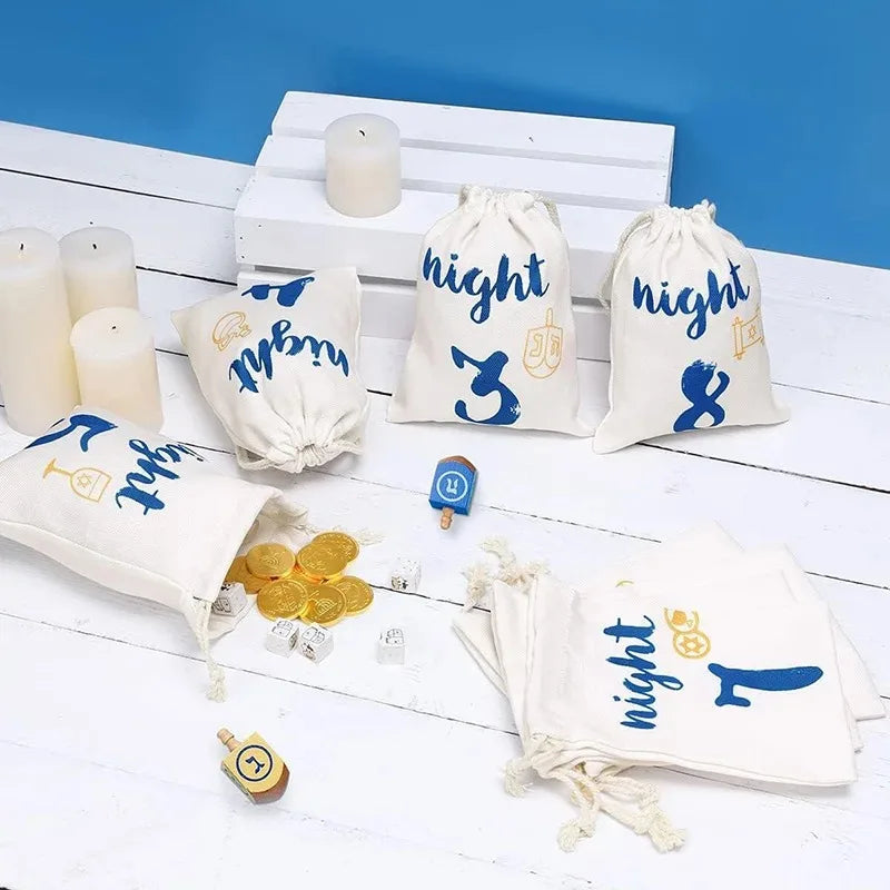 8 Nights Hanukkah Drawstring Bags | Chanukah Countdown Pouches Holiday Countdown Pouches Peaceful Pleasures Health and Wellness