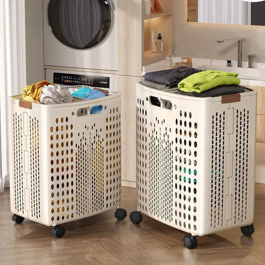 1 Piece, Two Colors Available, Household Bathroom Laundry Basket, Foldable Dirty Clothes Hamper, Large Capacity with Wheels, Simple Design, Laundry Storage Basket for Bathroom [No Divider in the Middle] Peaceful Pleasures Health and Wellness