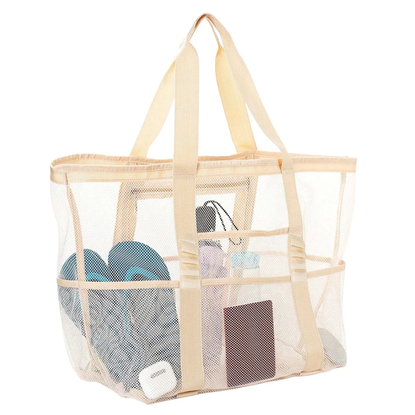 Mesh Beach Bags Beach Tote Bag With Multi Pockets Large Capacity Travel Tote Handbag Swim Pool Bag Multifunctional Storage Bag Peaceful Pleasures Health and Wellness Rice