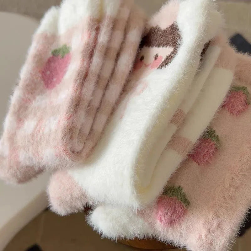 Rabbit Velvet Socks Children's Autumn and Winter Thick Warm Socks Floor Socks Plush Soft Breathable Pink Strawberry Girl Socks Peaceful Pleasures Health and Wellness