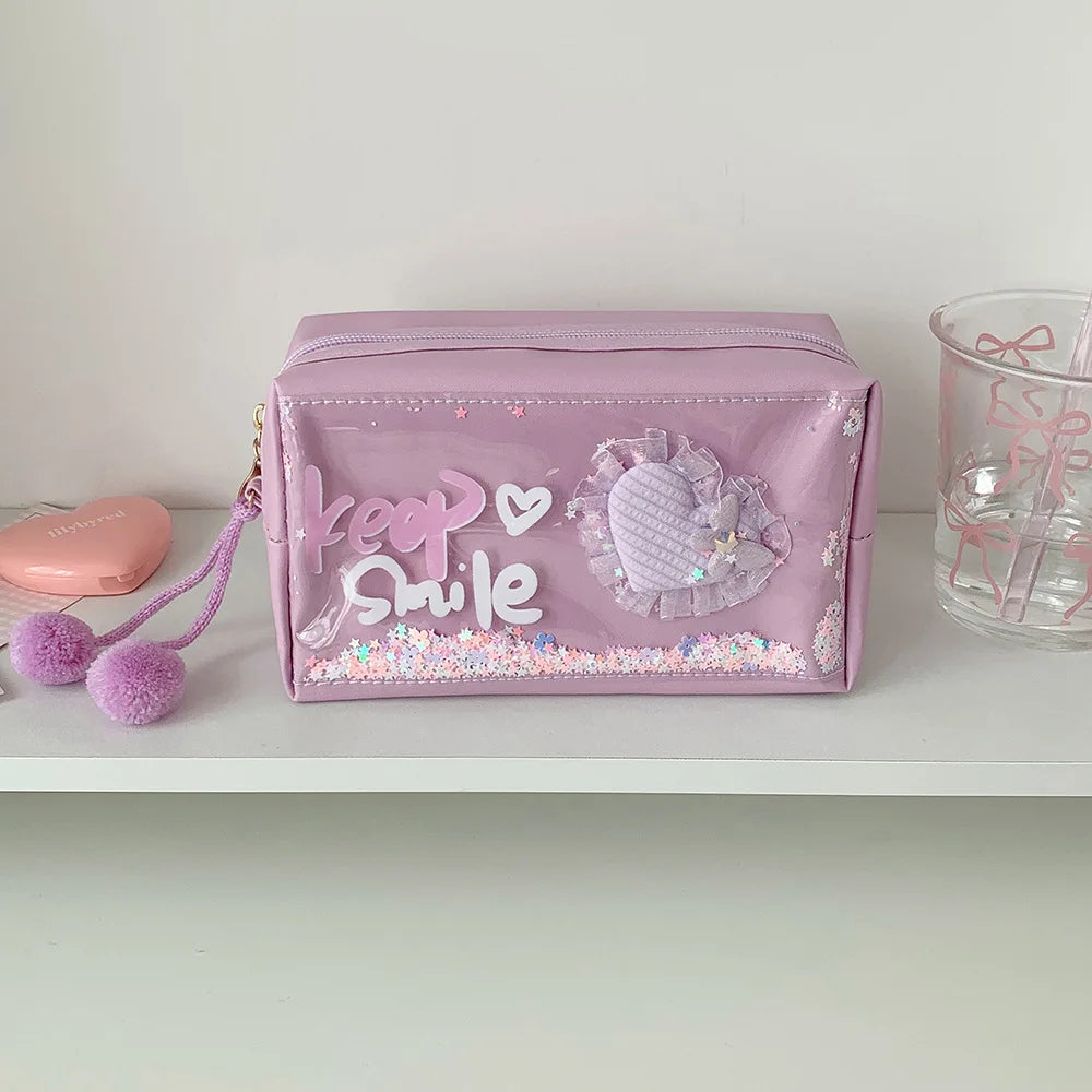 Creative Love Flowing Sand Pencil Bag Student Large Capacity