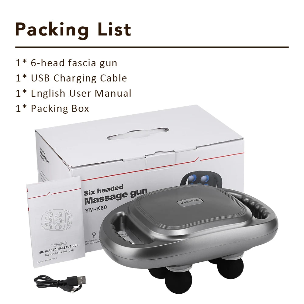 Six Heads Fascia Gun High Frequency Deep Tissue Vibration Muscle Relaxation Neck Waist Massage Professional Fitness Exercise Peaceful Pleasures Health and Wellness Misty Gray