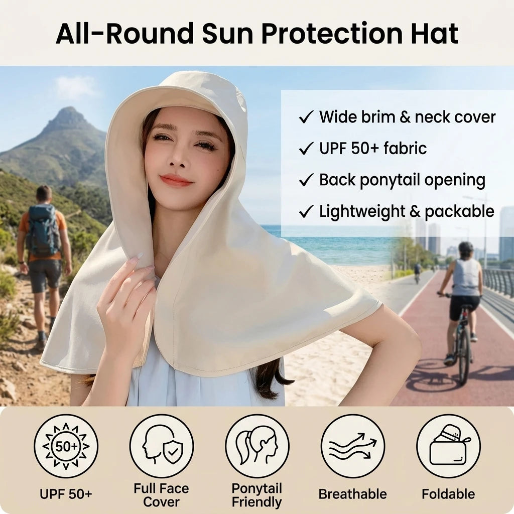 Women Sun-Protection Fisherman Hat Wide Brim Neck Cover UPF50+ Anti UV Ponytail Design Peaceful Pleasures Health and Wellness